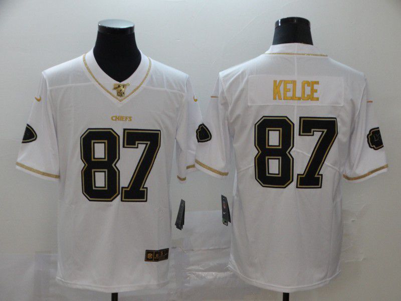 Men Kansas City Chiefs #87 Kelce White Retro gold character Nike NFL Jerseys